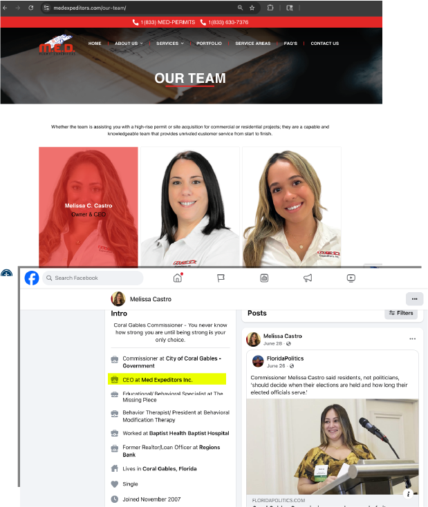 MED Expeditors website and Melissa Castro Facebook profile listing her as CEO